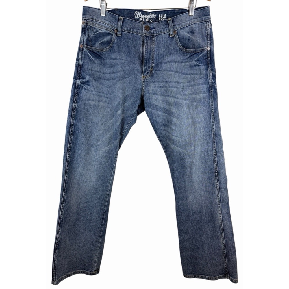 Wrangler Retro 34x32 Slim Boot‎ Dark Wash Bold Stitch Stretch Denim Mens Jeans